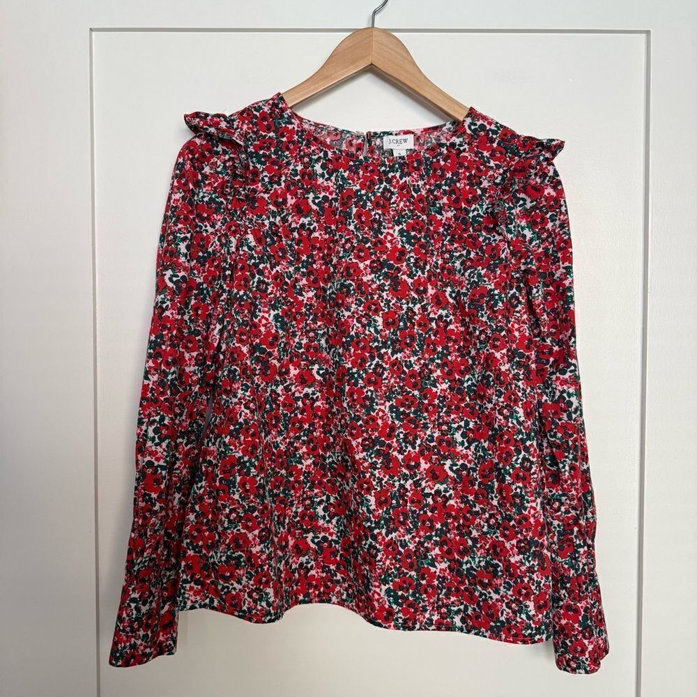 J Crew Top Blouse Sz S Red Floral Poppy Pansy Print Ruffle Long Sleeve Stretch